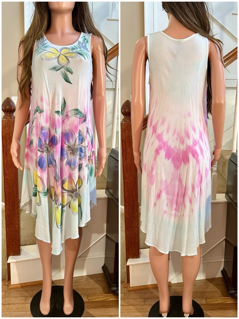 Sleeveless Floral Tie-Dye Swing Dress in Pink, Blue & Yellow